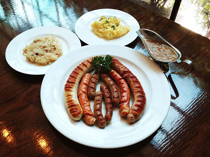 Mixed sausageplate with mashed potato, sauerkraut