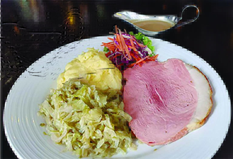 Honey ham with sauerkraut and mashed potato